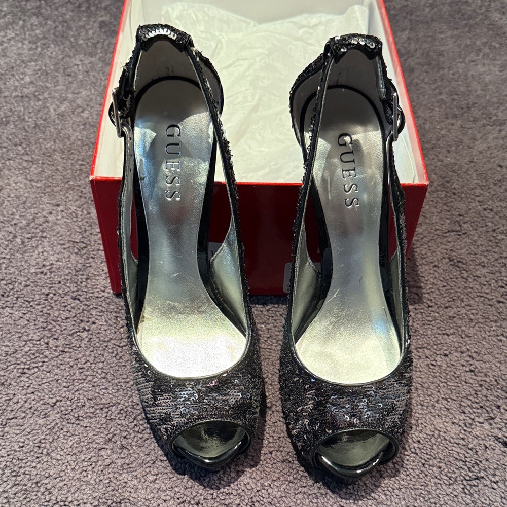 Guess Black Sequin Peep Toe Heels